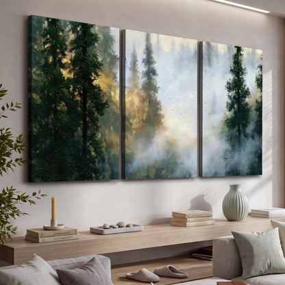 Foggy evergreen forest painting 3 piece canvas wall art in a living room above a console