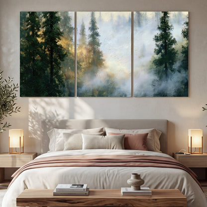 Foggy evergreen forest painting 3 piece canvas wall art in a bedroom above the bed