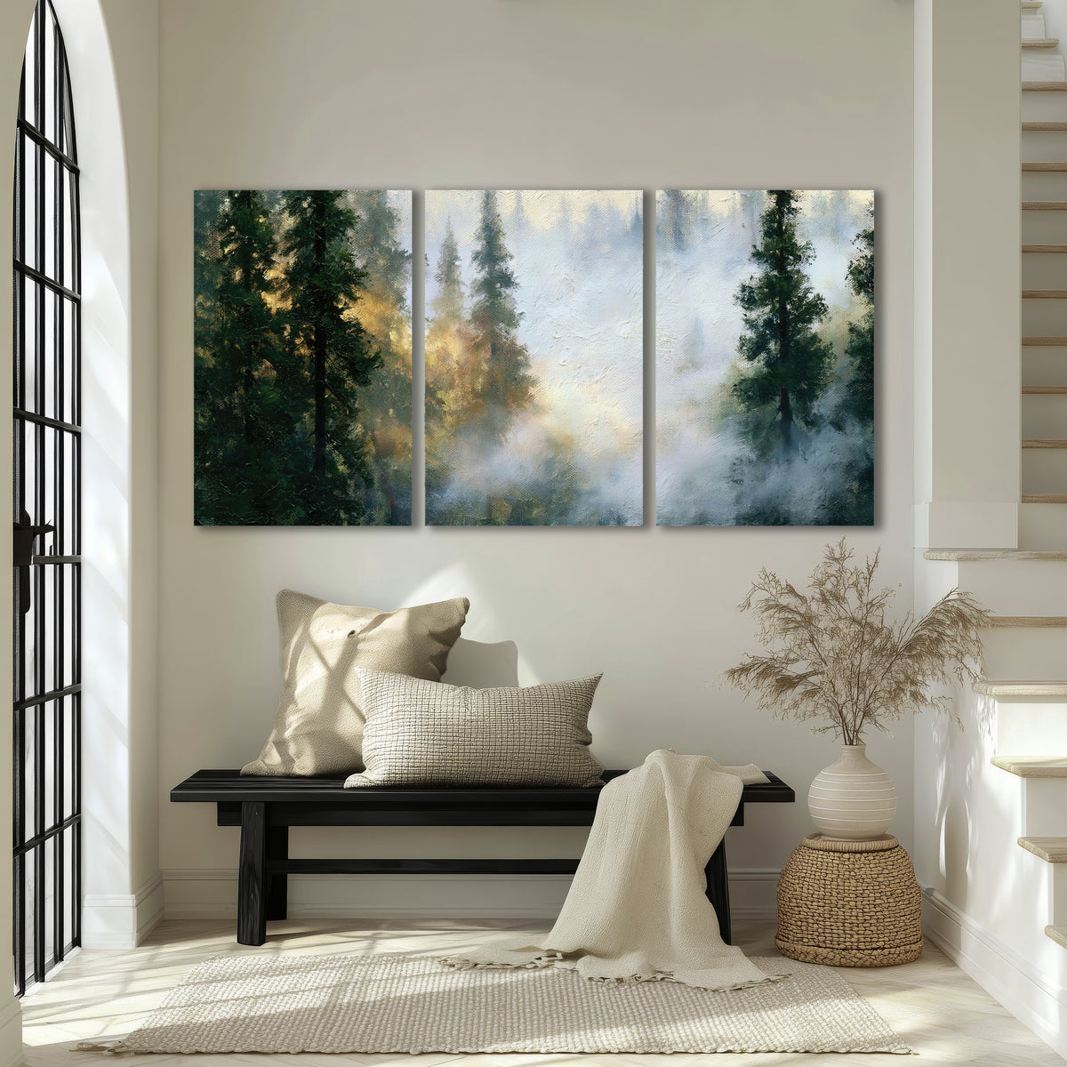 Foggy evergreen forest painting 3 piece canvas wall art in an entryway above a bench