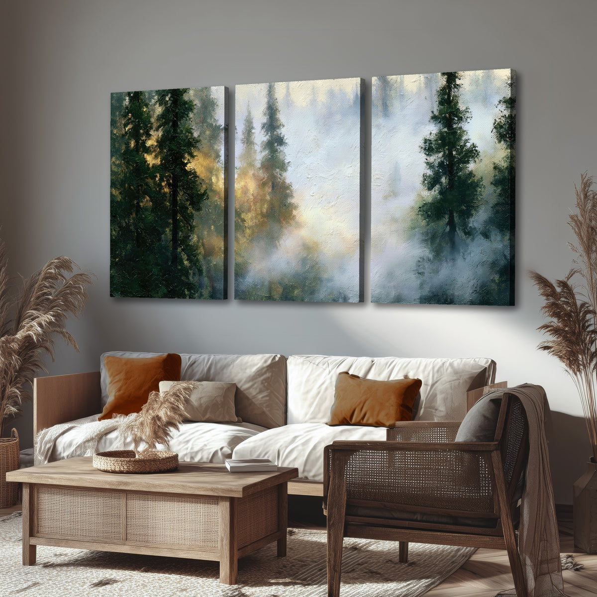 Foggy evergreen forest painting 3 piece canvas wall art in a rustic living room