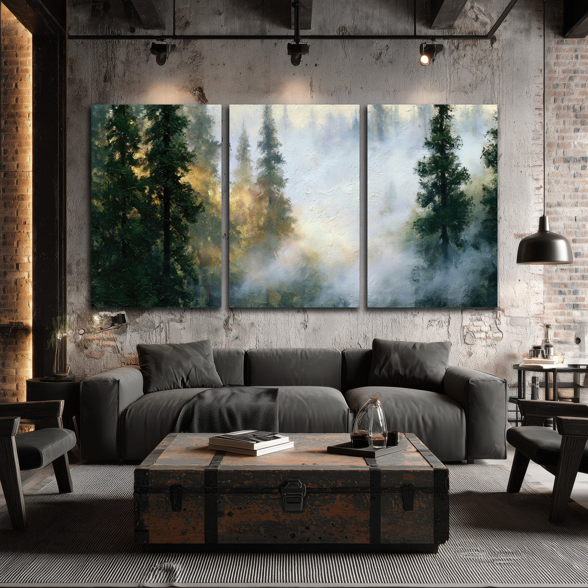 Foggy evergreen forest painting 3 piece canvas wall art in an industrial loft