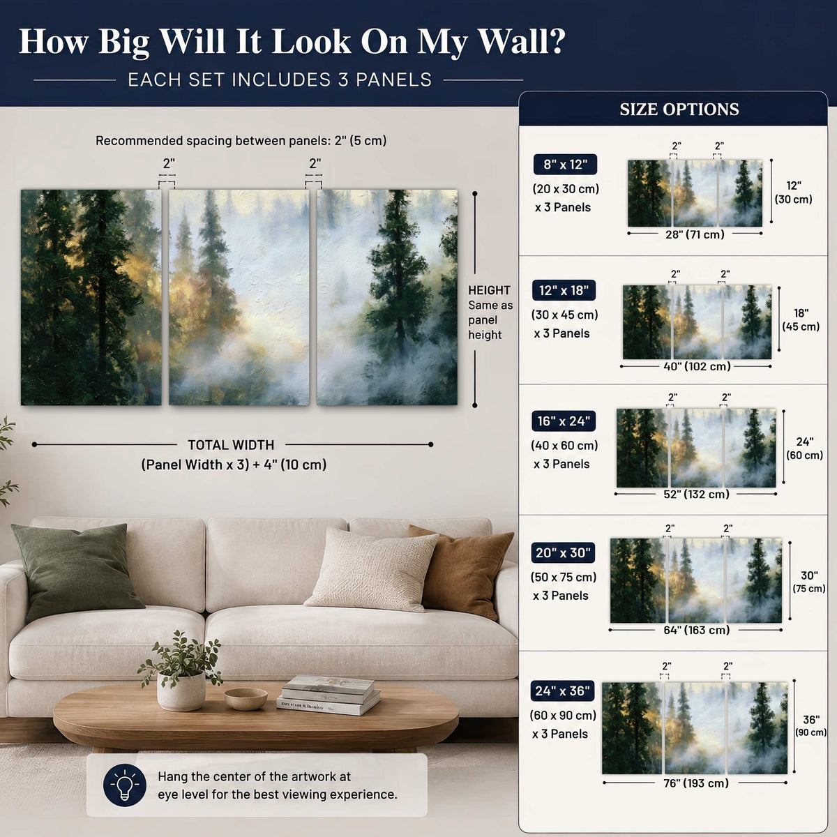Foggy evergreen forest painting 3 piece canvas wall art size guide above a sofa