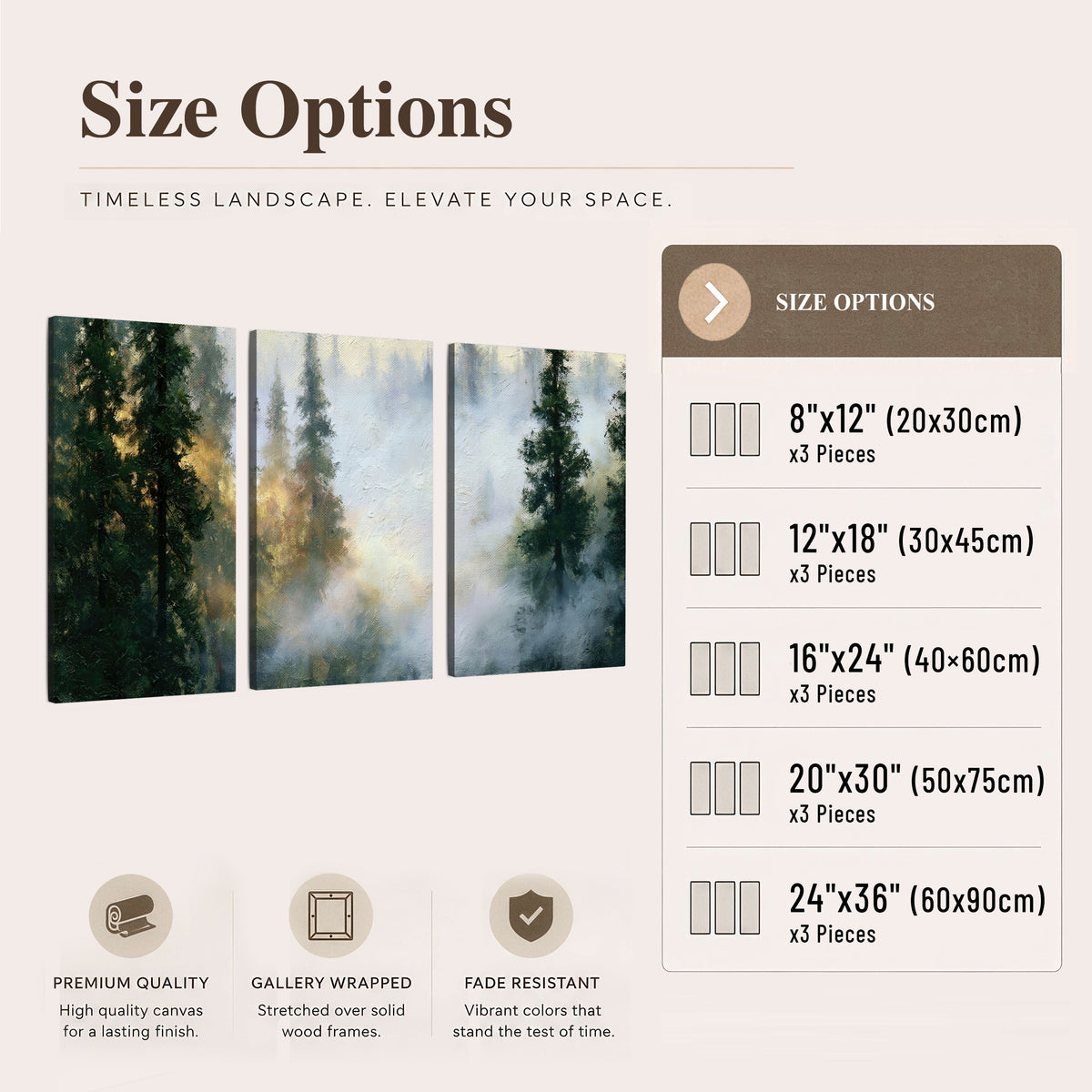 Foggy evergreen forest painting 3 piece canvas wall art size options