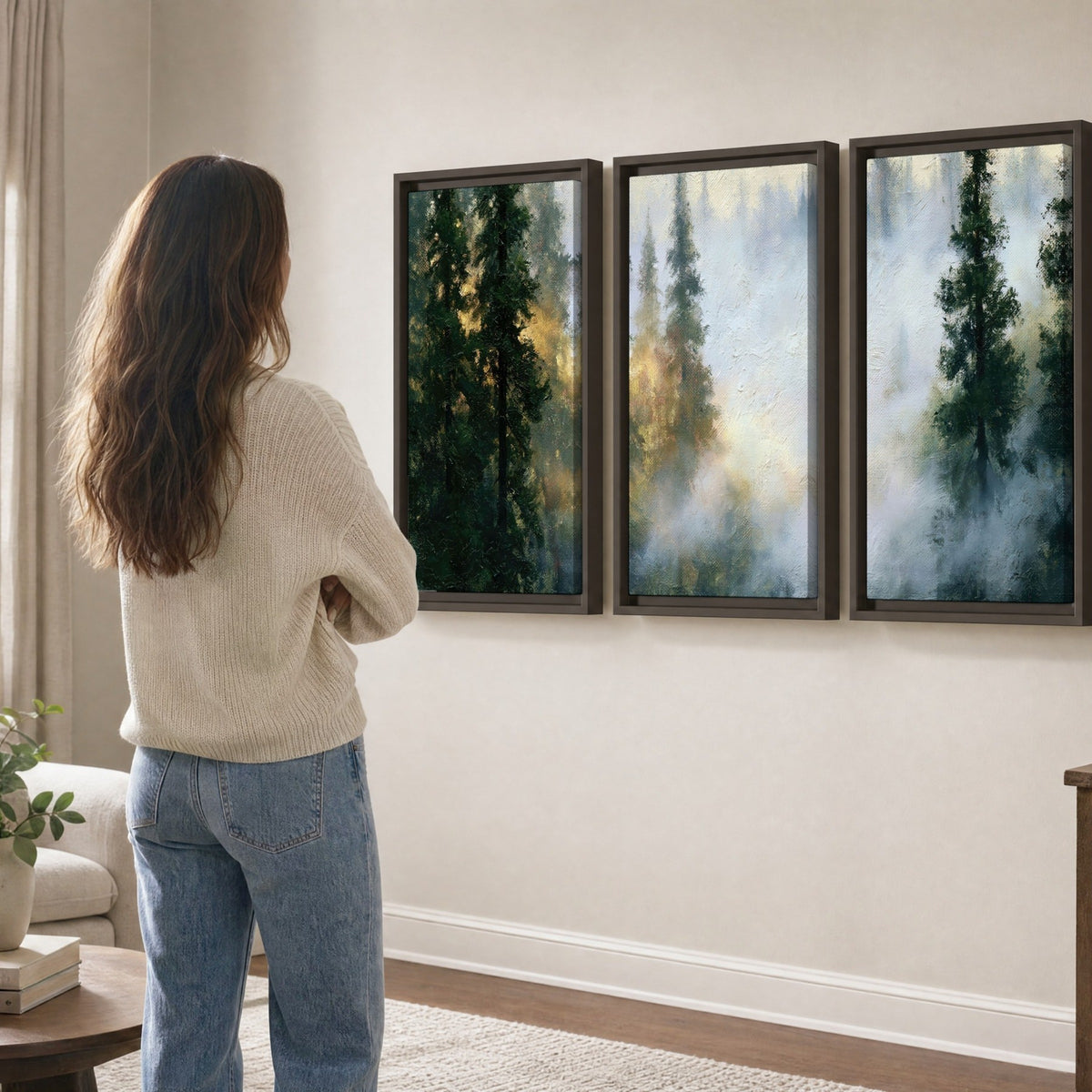 Foggy evergreen forest painting 3 piece framed canvas in a living room