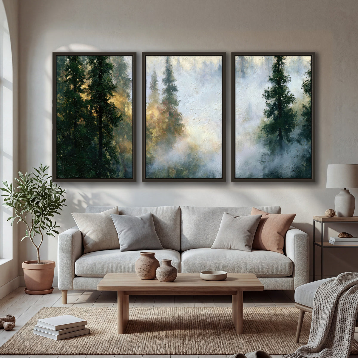 Foggy evergreen forest painting 3 piece framed canvas in a bright living room