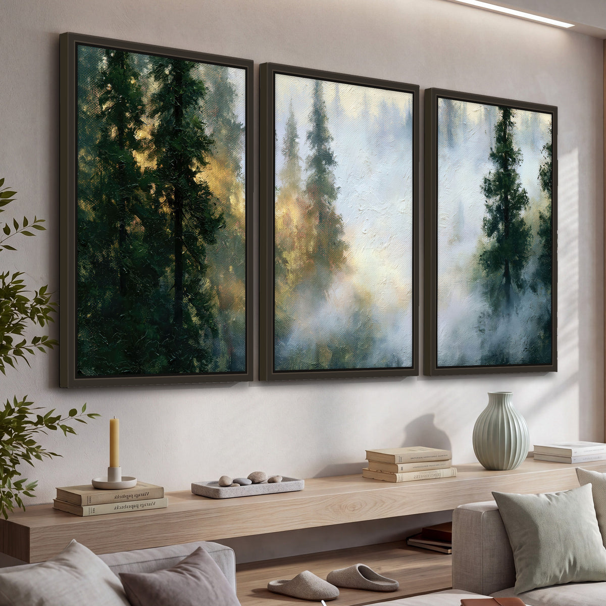 Foggy evergreen forest painting 3 piece framed canvas in a living room above a console