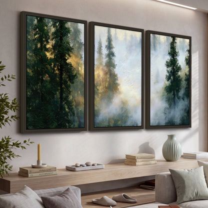 Foggy evergreen forest painting 3 piece framed canvas in a living room above a console