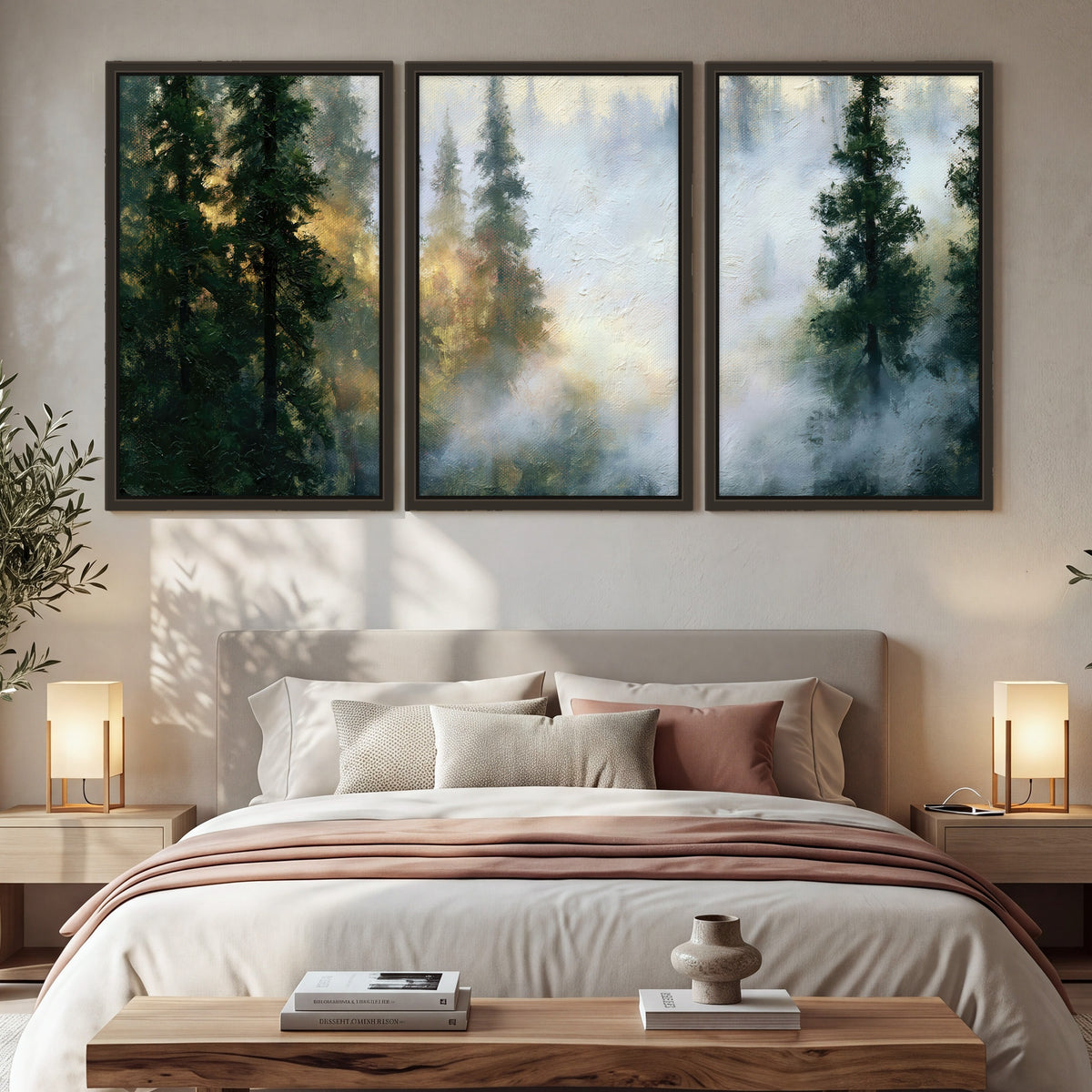 Foggy evergreen forest painting 3 piece framed canvas in a bedroom above the bed