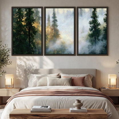 Foggy evergreen forest painting 3 piece framed canvas in a bedroom above the bed