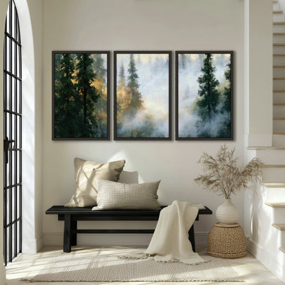 Foggy evergreen forest painting 3 piece framed canvas in an entryway above a bench