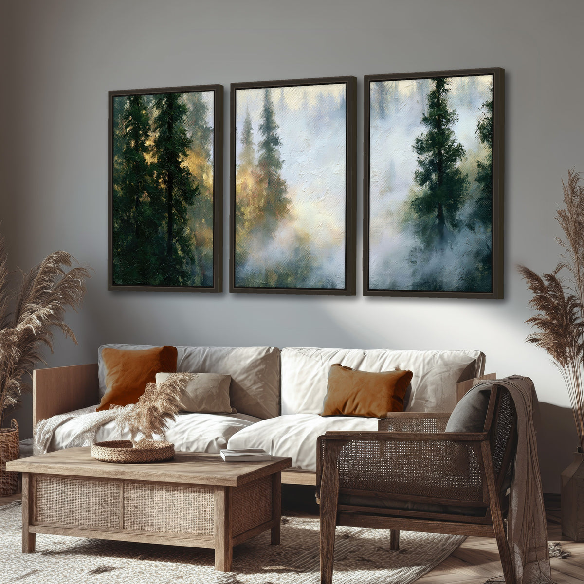 Foggy evergreen forest painting 3 piece framed canvas in a rustic living room