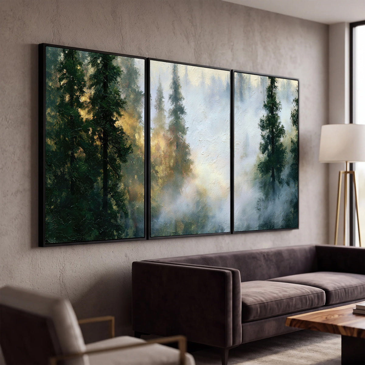 Foggy evergreen forest painting 3 piece framed canvas in a modern living room