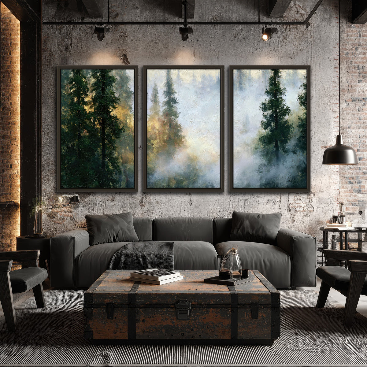 Foggy evergreen forest painting 3 piece framed canvas in an industrial loft