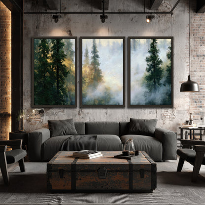 Foggy evergreen forest painting 3 piece framed canvas in an industrial loft