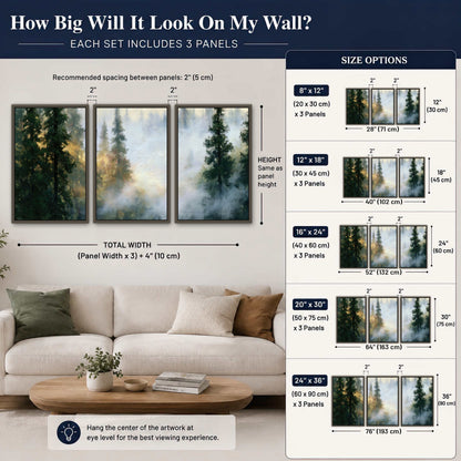 Foggy evergreen forest painting 3 piece framed canvas size guide above a sofa