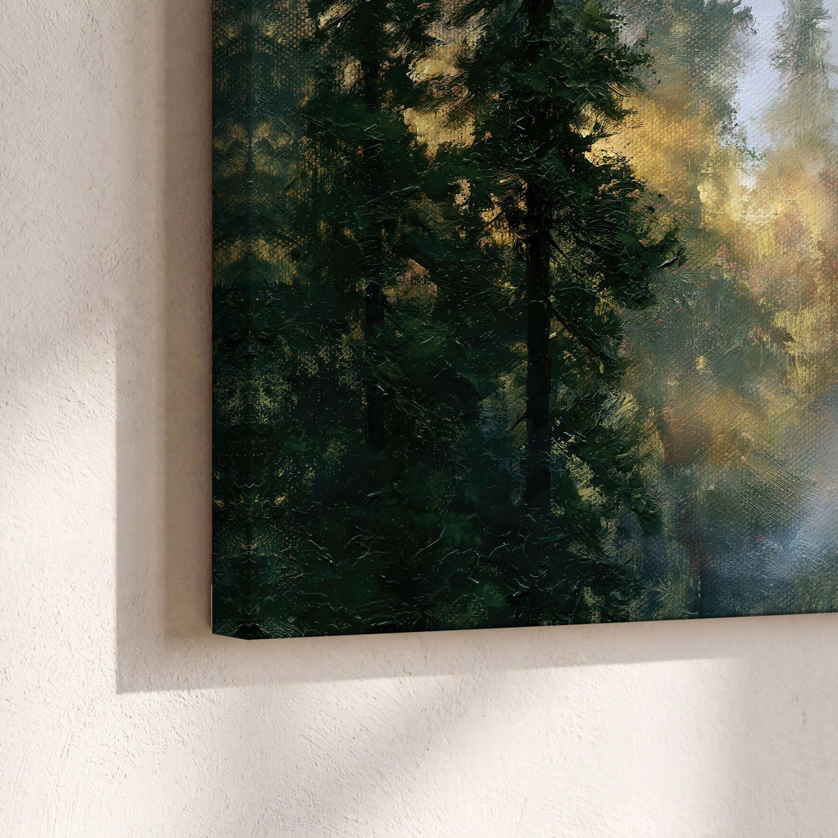 Foggy evergreen forest painting canvas print close-up showing the gallery-wrapped edge
