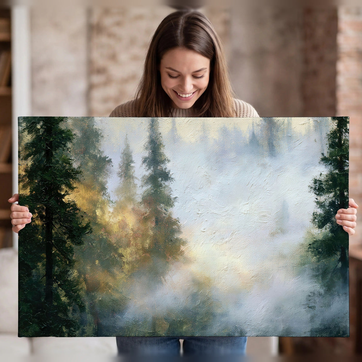 Foggy evergreen forest painting canvas wall art held in hands