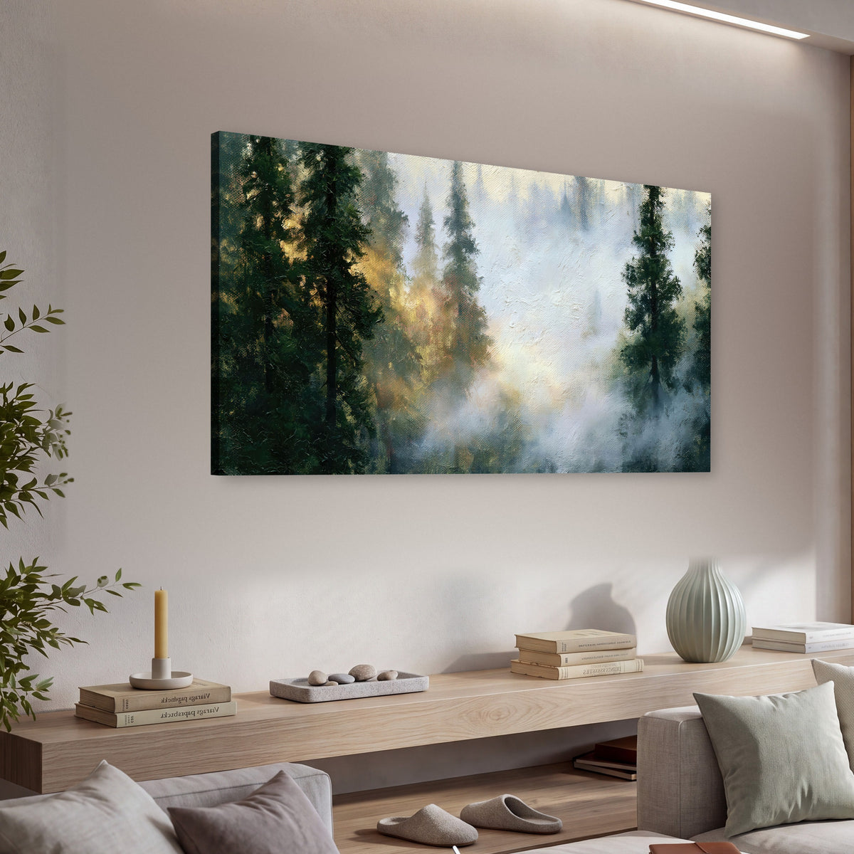 Foggy evergreen forest painting canvas wall art in a living room above a console