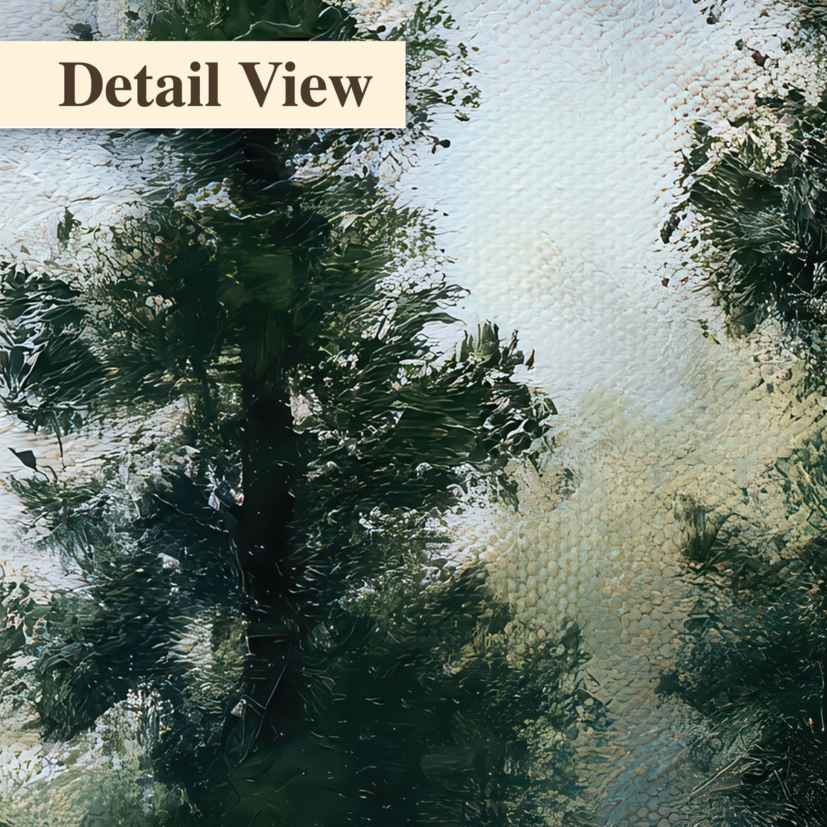 Foggy evergreen forest painting detail close-up