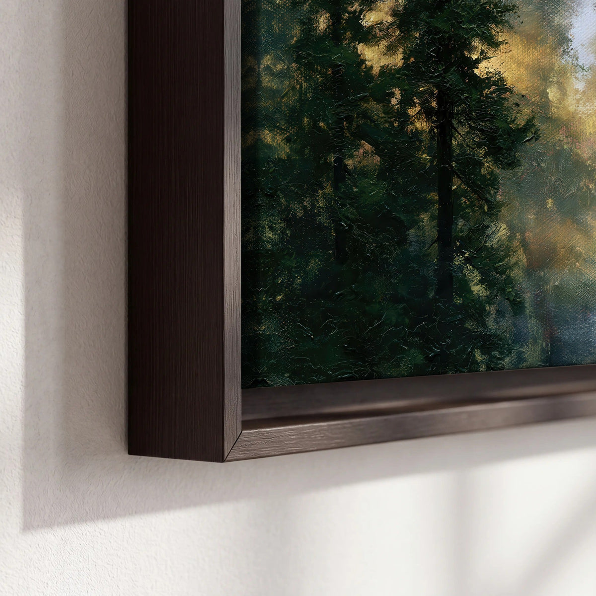 Foggy evergreen forest painting framed canvas close-up showing the floating frame