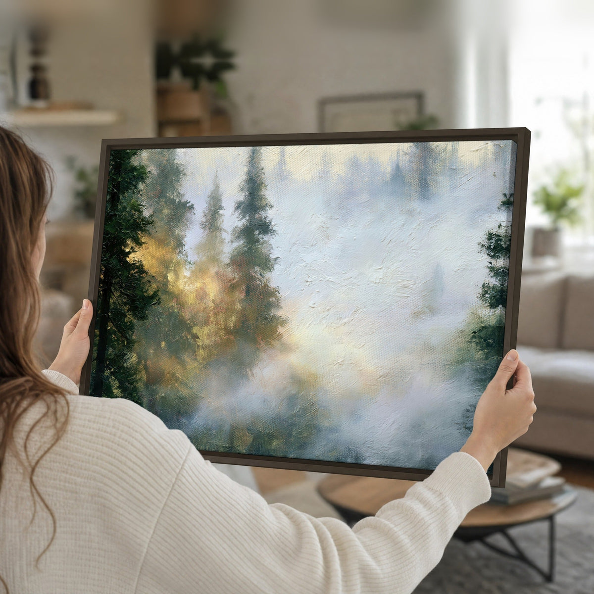 Foggy evergreen forest painting framed canvas held in hands