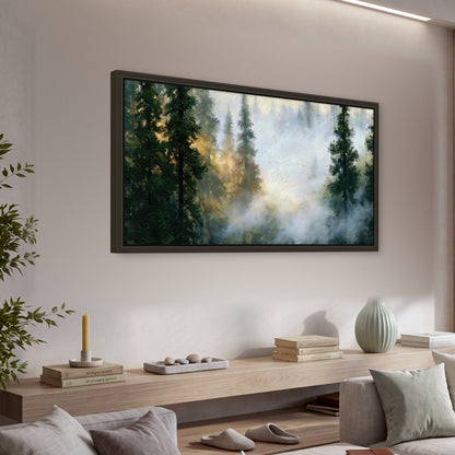 Foggy evergreen forest painting framed canvas wall art in a living room above a console