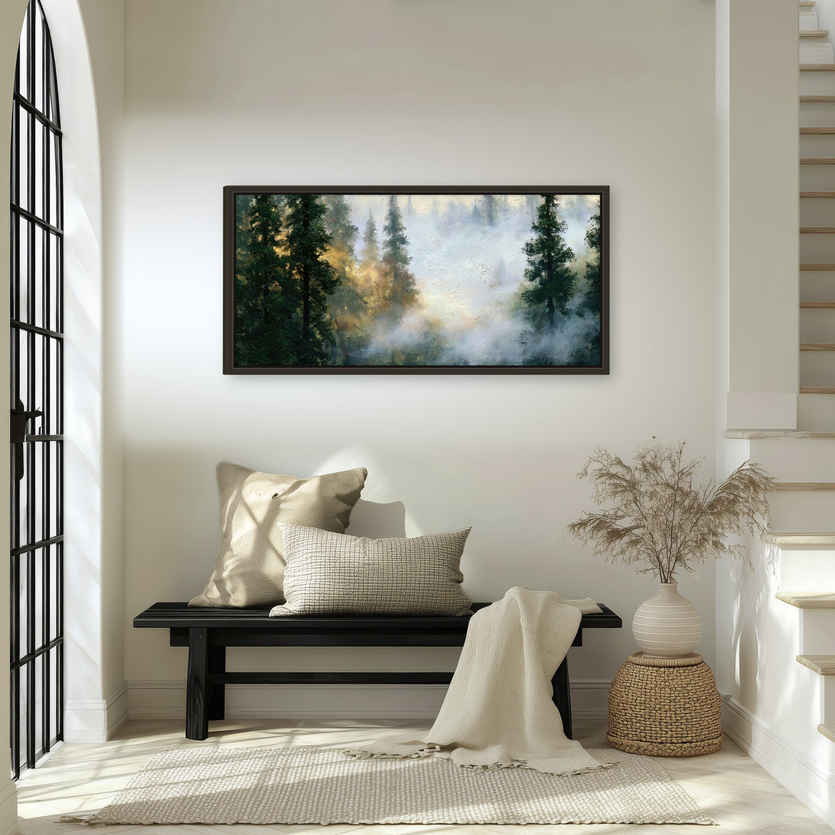 Foggy evergreen forest painting framed canvas wall art in an entryway above a bench