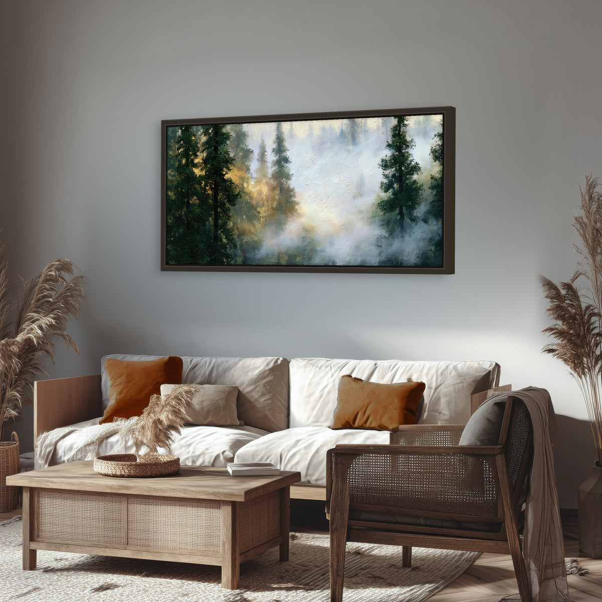Foggy evergreen forest painting framed canvas wall art in a rustic living room