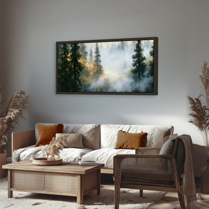 Foggy evergreen forest painting framed canvas wall art in a rustic living room