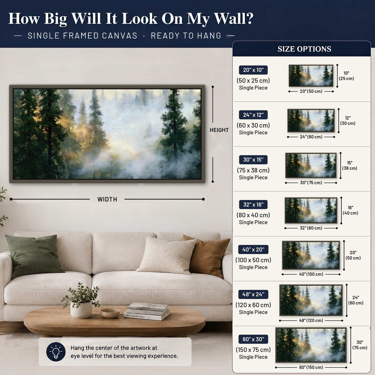 Foggy evergreen forest painting framed canvas wall art size guide above a sofa