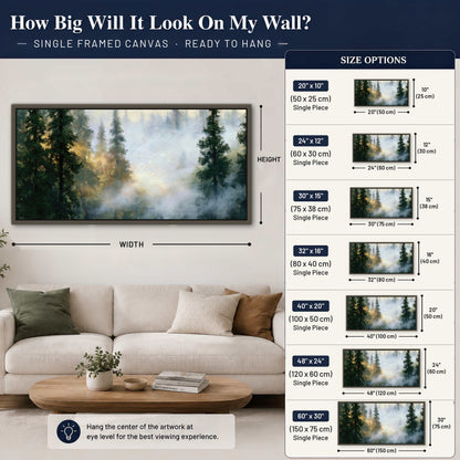 Foggy evergreen forest painting framed canvas wall art size guide above a sofa