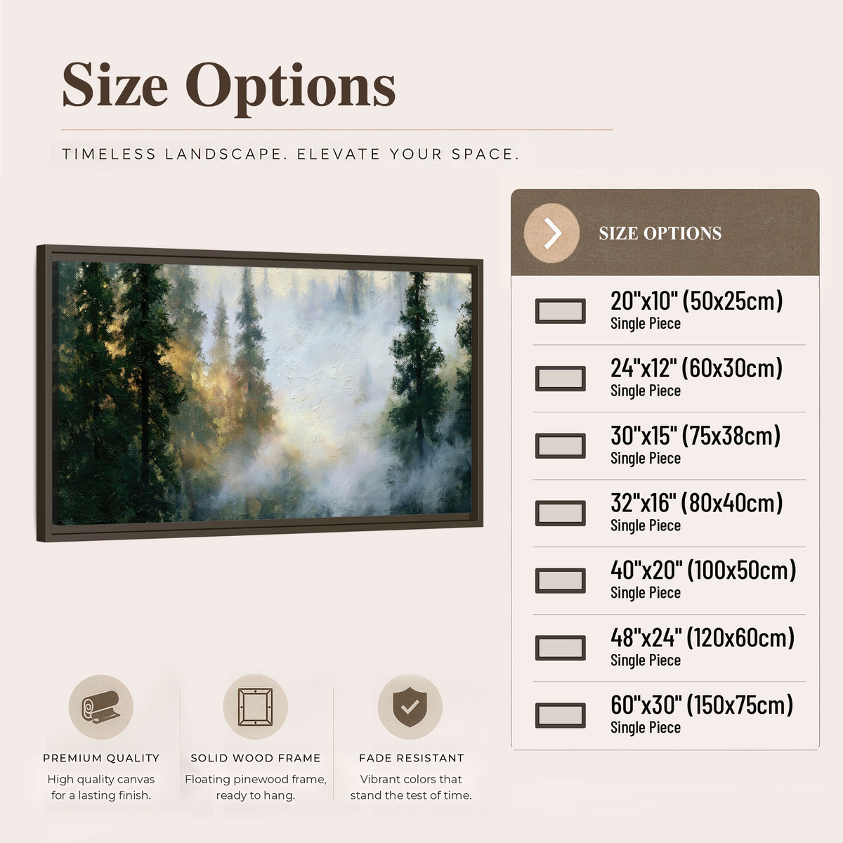 Foggy evergreen forest painting framed canvas wall art size options