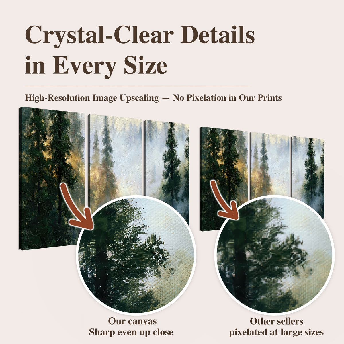 Foggy evergreen forest painting high-resolution print quality comparison
