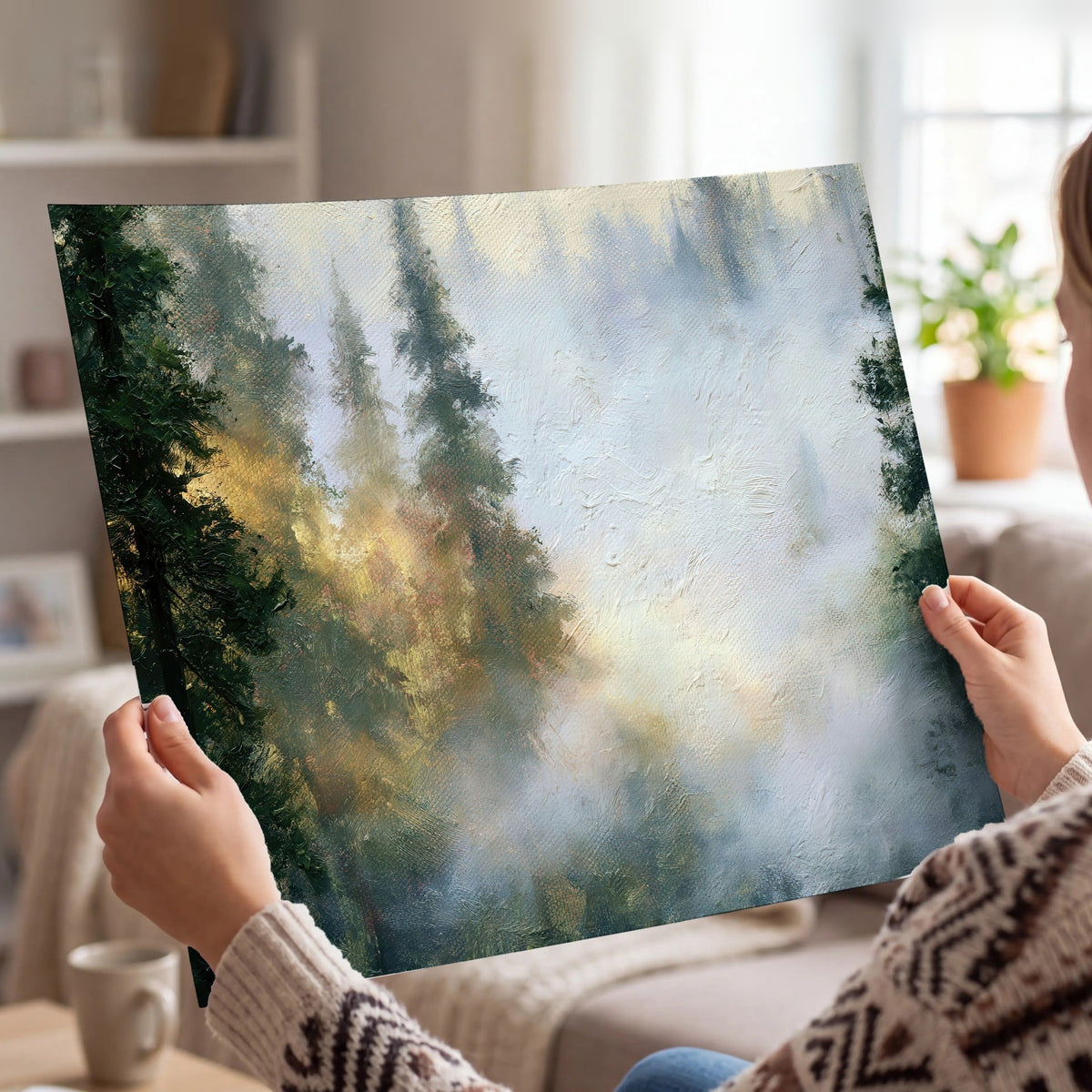Foggy evergreen forest painting poster print held in hands