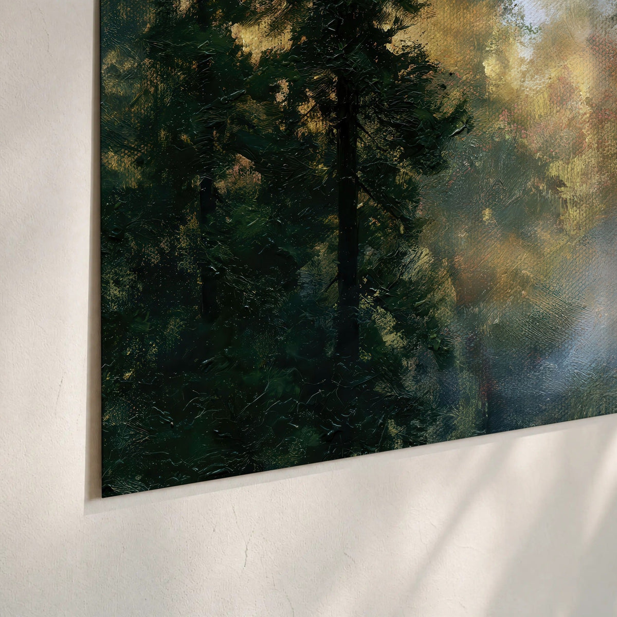 Foggy evergreen forest painting poster print close-up on matte paper