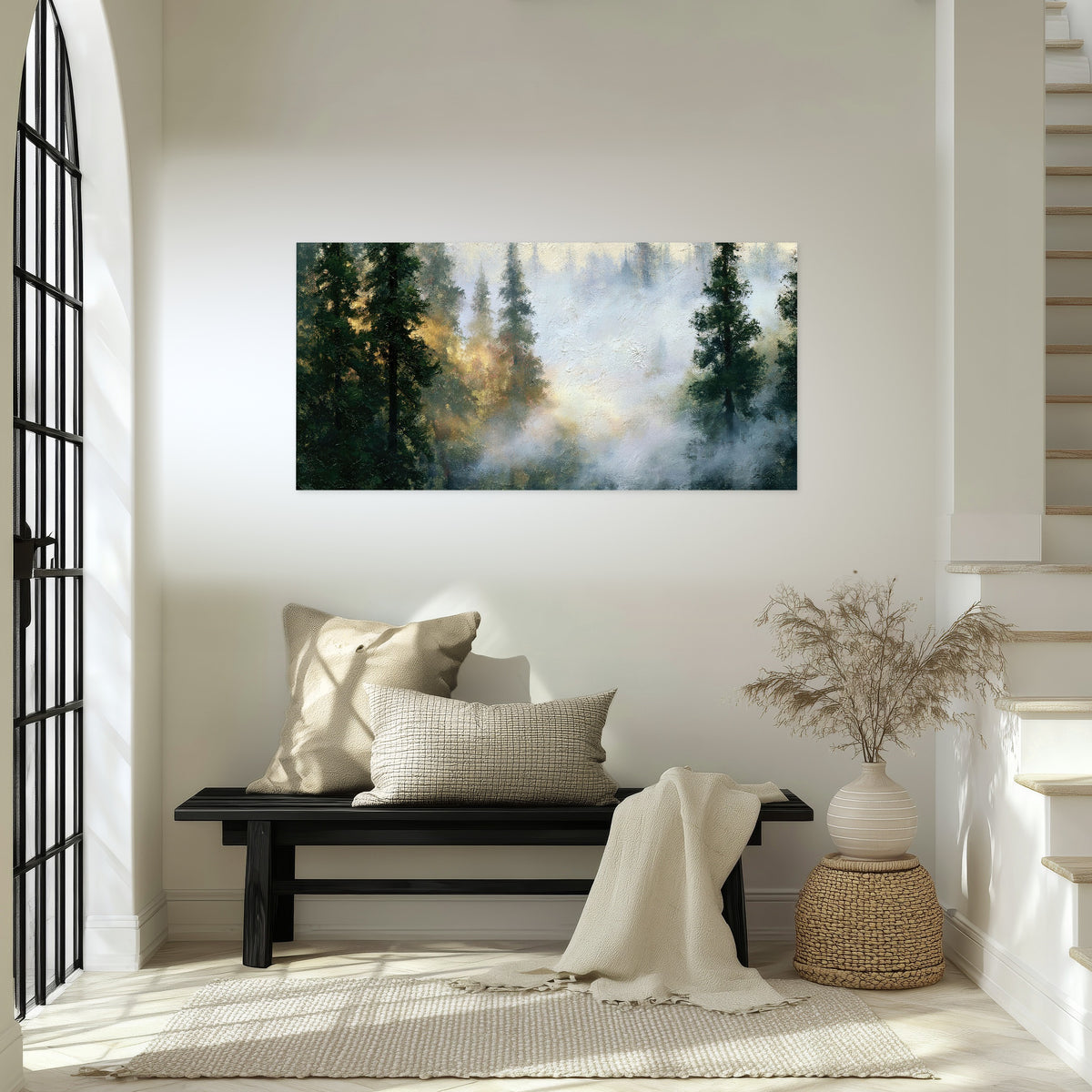 Foggy evergreen forest painting poster print in an entryway above a bench