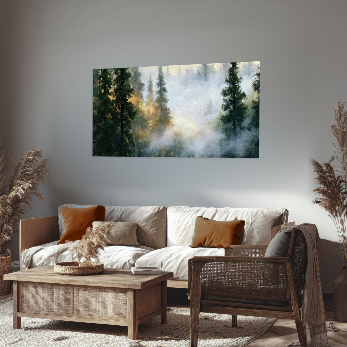 Foggy evergreen forest painting poster print in a rustic living room