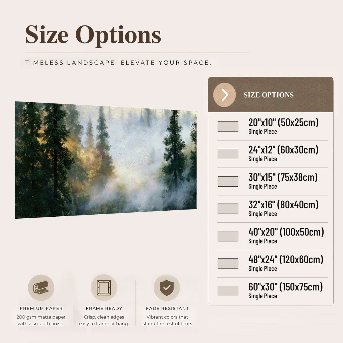 Foggy evergreen forest painting poster print size options