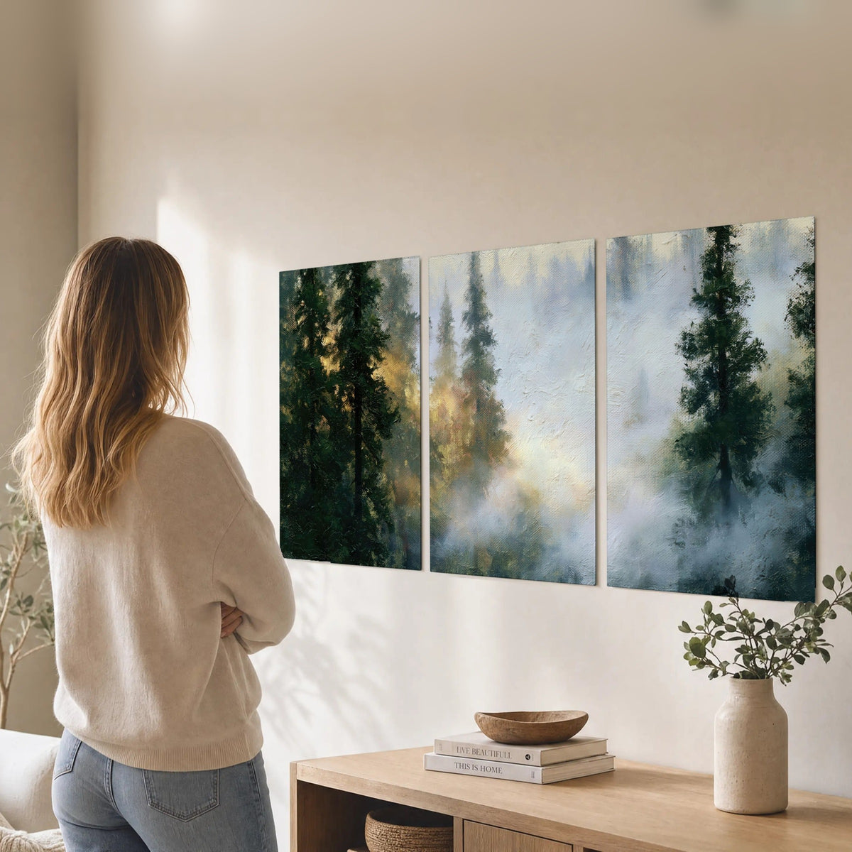 Foggy evergreen forest painting set of 3 poster prints in a living room