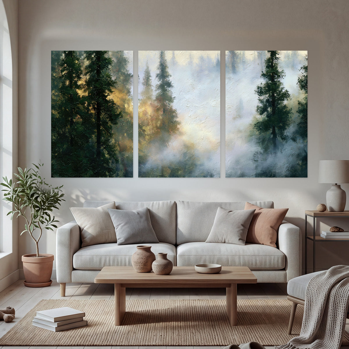 Foggy evergreen forest painting set of 3 poster prints in a bright living room
