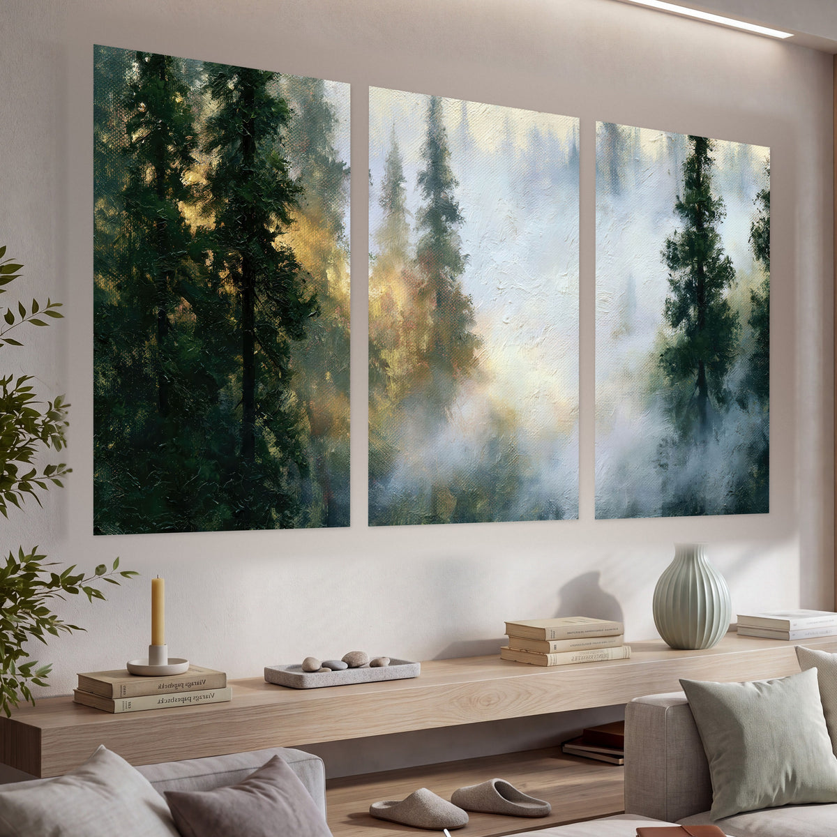 Foggy evergreen forest painting set of 3 poster prints in a living room above a console