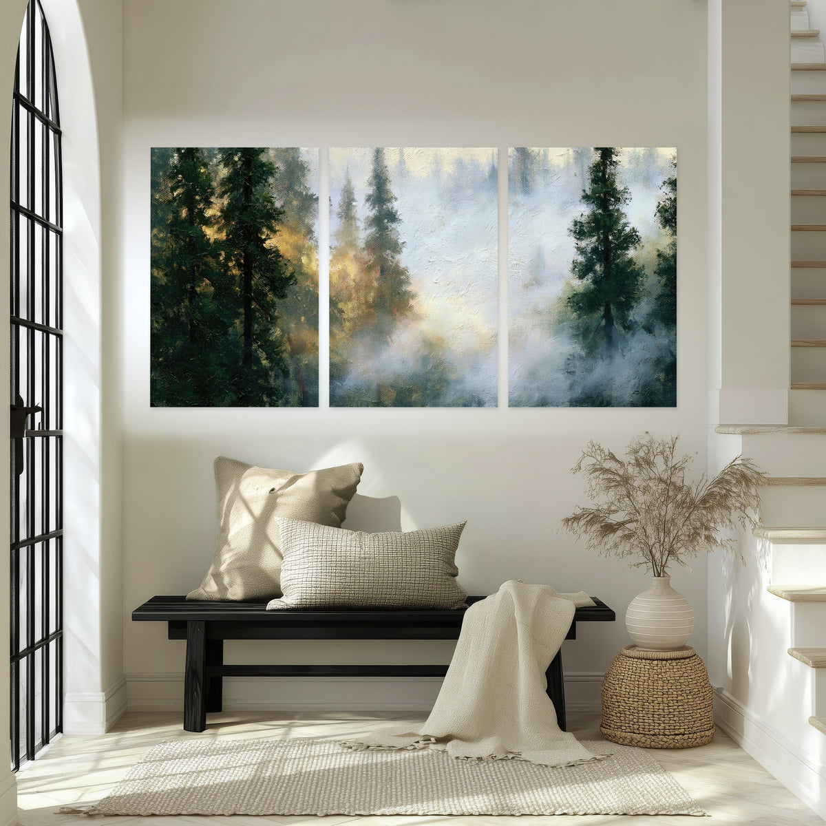 Foggy evergreen forest painting set of 3 poster prints in an entryway above a bench