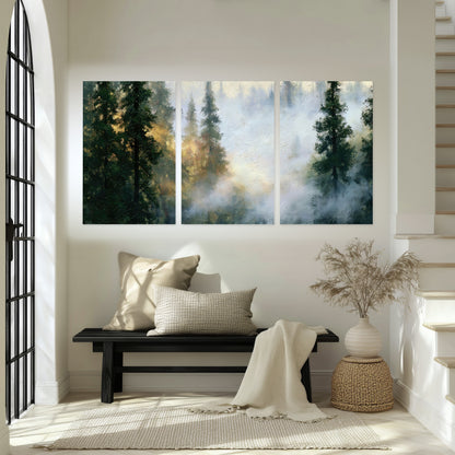 Foggy evergreen forest painting set of 3 poster prints in an entryway above a bench