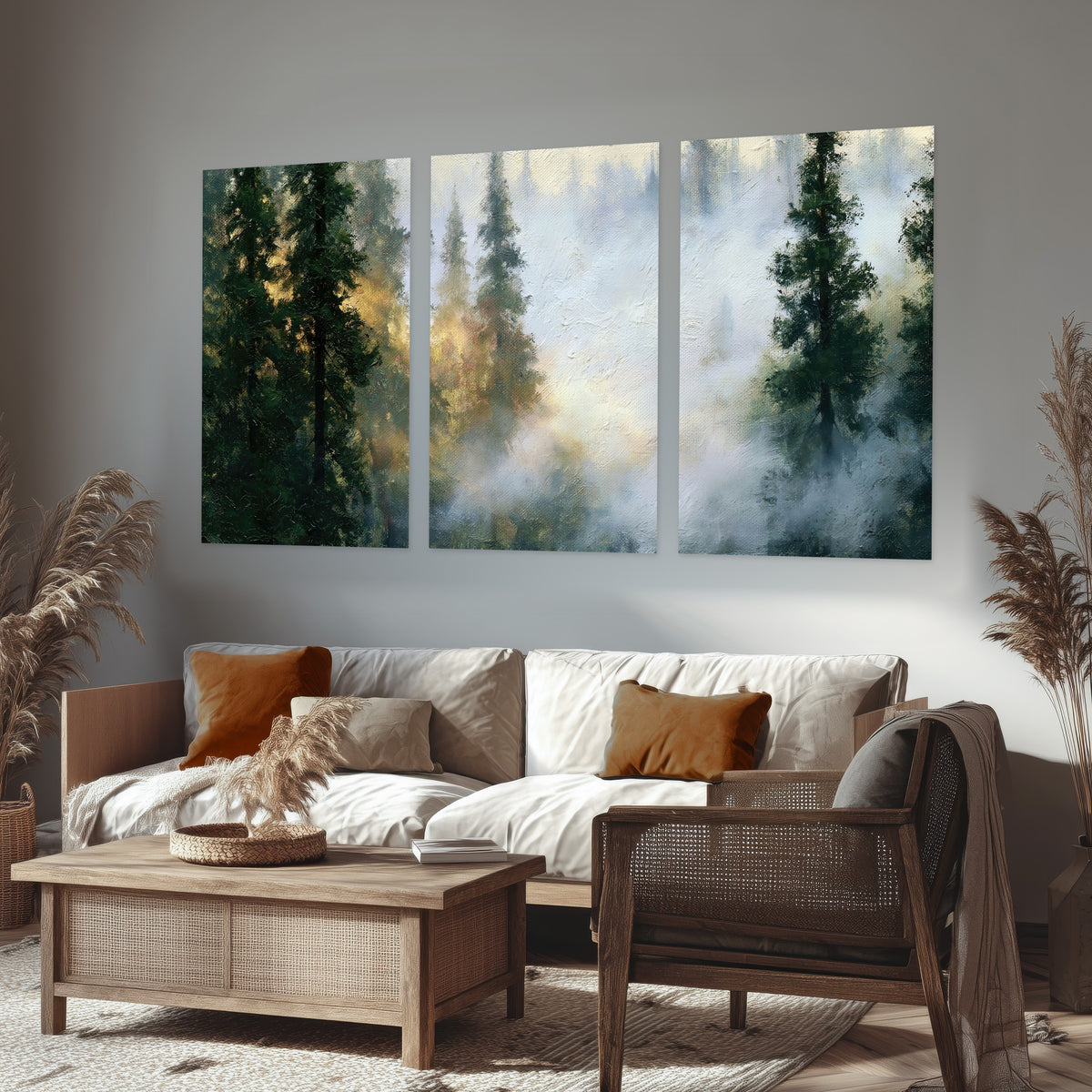 Foggy evergreen forest painting set of 3 poster prints in a rustic living room