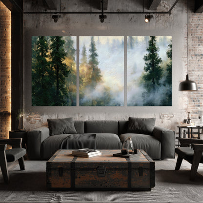 Foggy evergreen forest painting set of 3 poster prints in an industrial loft