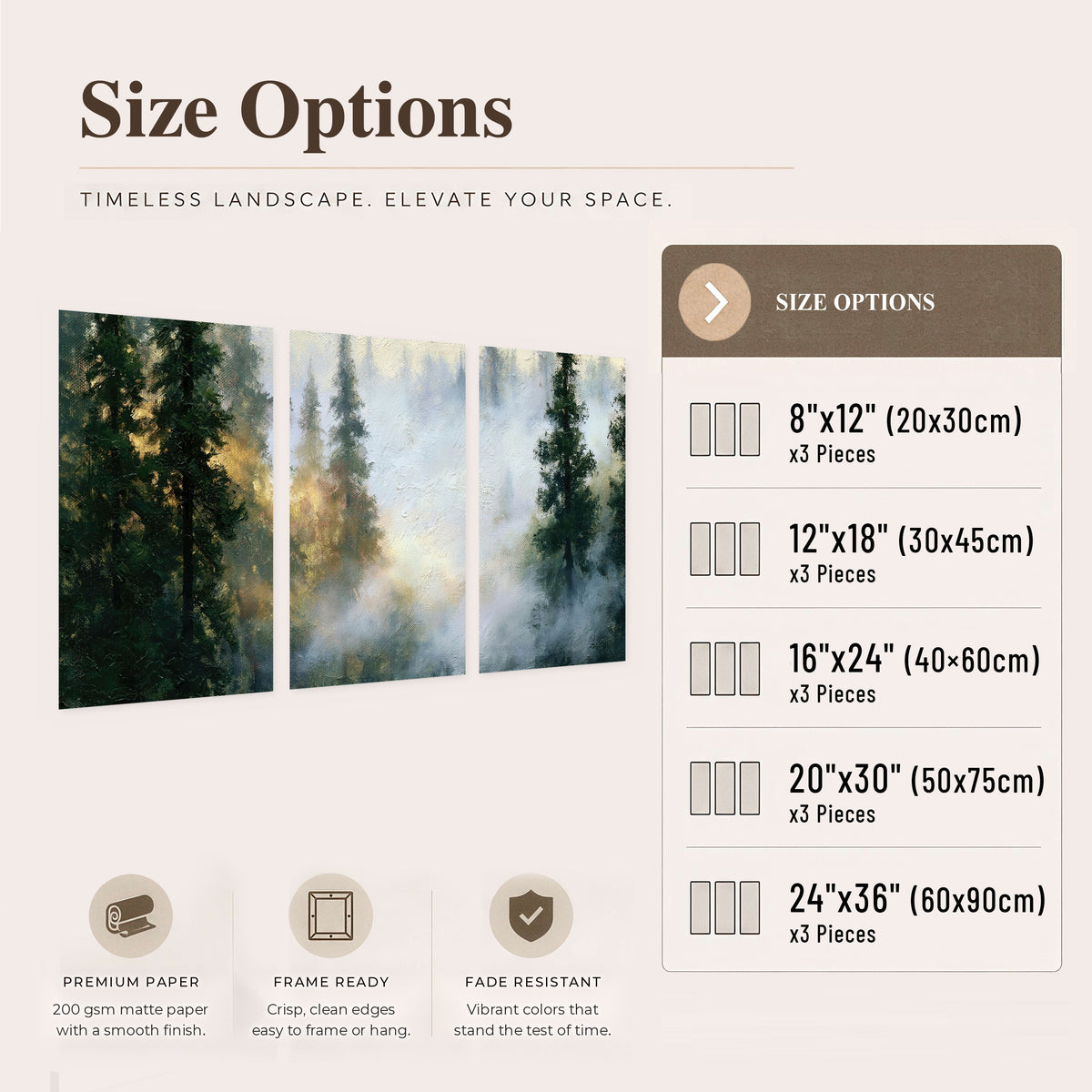 Foggy evergreen forest painting set of 3 poster prints size options