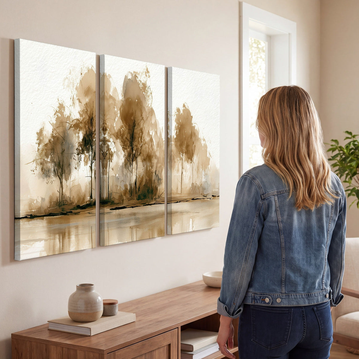 Sepia watercolor lakeside trees painting 3 piece canvas wall art in a living room