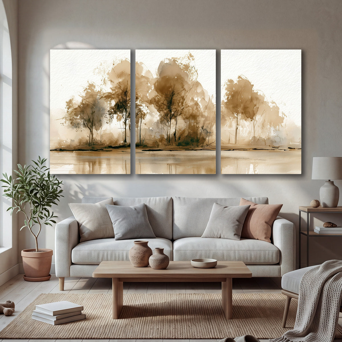 Sepia watercolor lakeside trees painting 3 piece canvas wall art in a bright living room