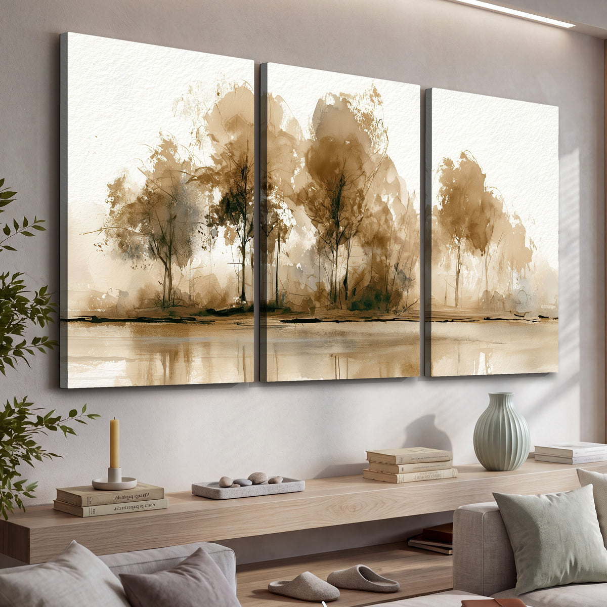Sepia watercolor lakeside trees painting 3 piece canvas wall art in a living room above a console