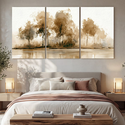 Sepia watercolor lakeside trees painting 3 piece canvas wall art in a bedroom above the bed